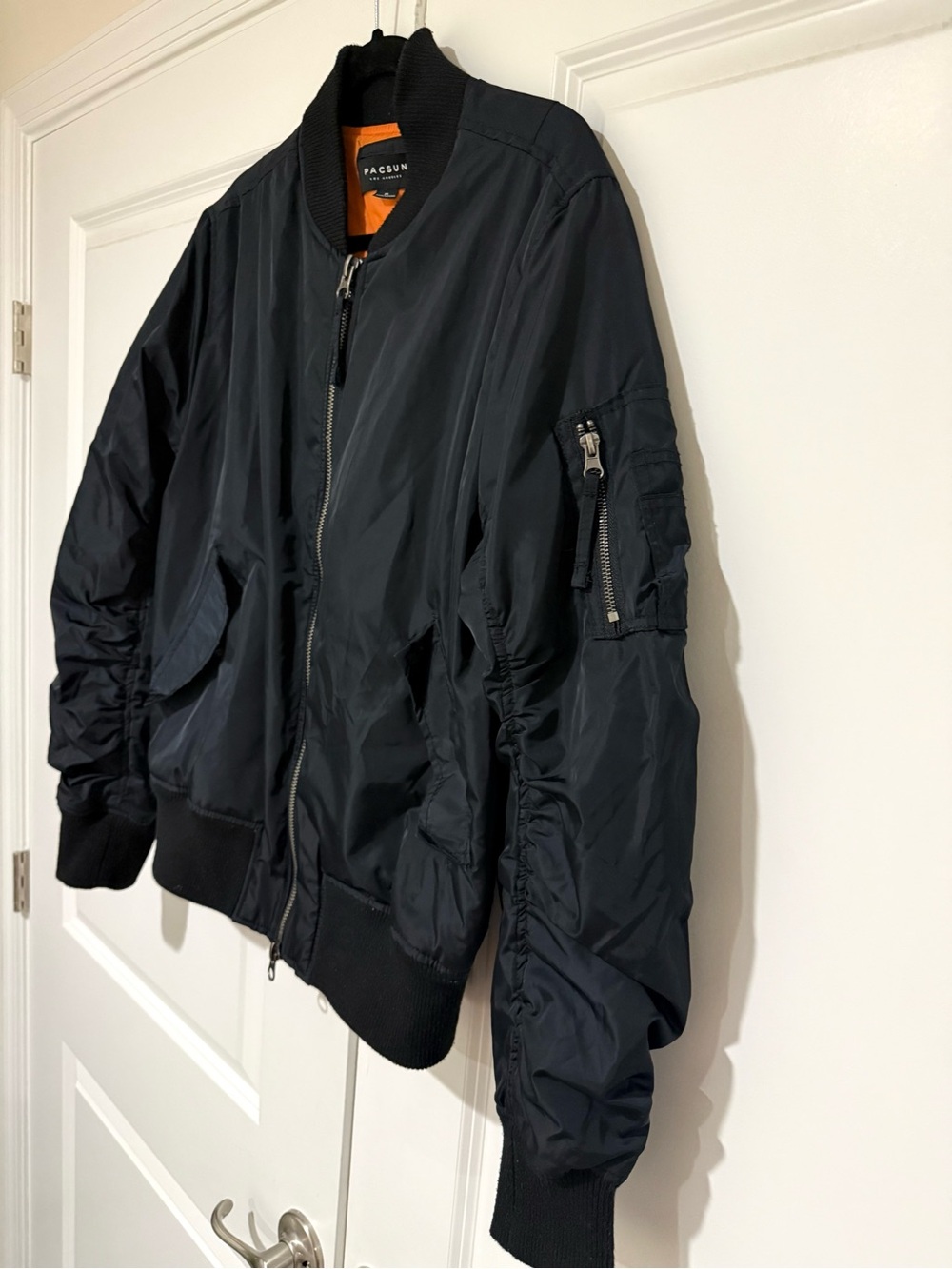 PacSun Men's Black Nylon Bomber Jacket with Orange Lining - Picture 4 of 5